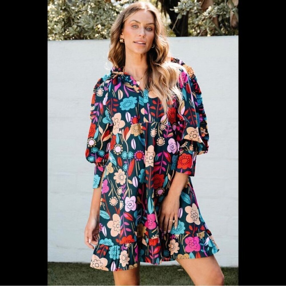 Palermo Floral Print Puff Sleeve Ruffled Mini Dress Size XL Brunch Wedding